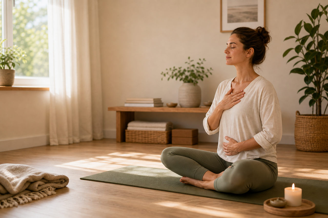 Sanfte Selbstregulation im Sitzen mit bewusster Atmung als Hero für das Regulieren des Nervensystems mit Yoga.
