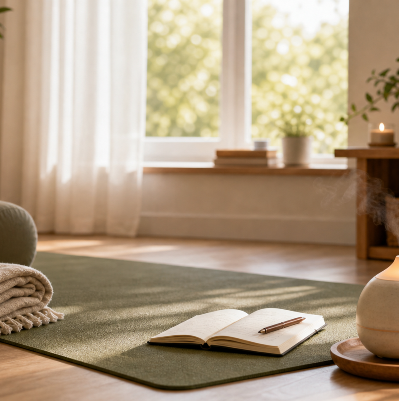 Ruhiges Setup mit Matte, Notizbuch und Diffuser als alltagstauglicher Einstieg in AROMA.yoga.