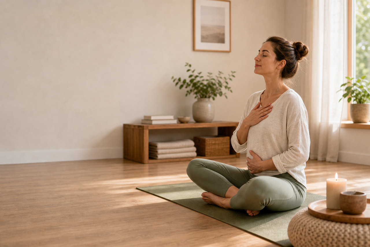 Ruhiger Atemmoment im Sitzen als Hero für Yoga bei Stress und Unruhe.