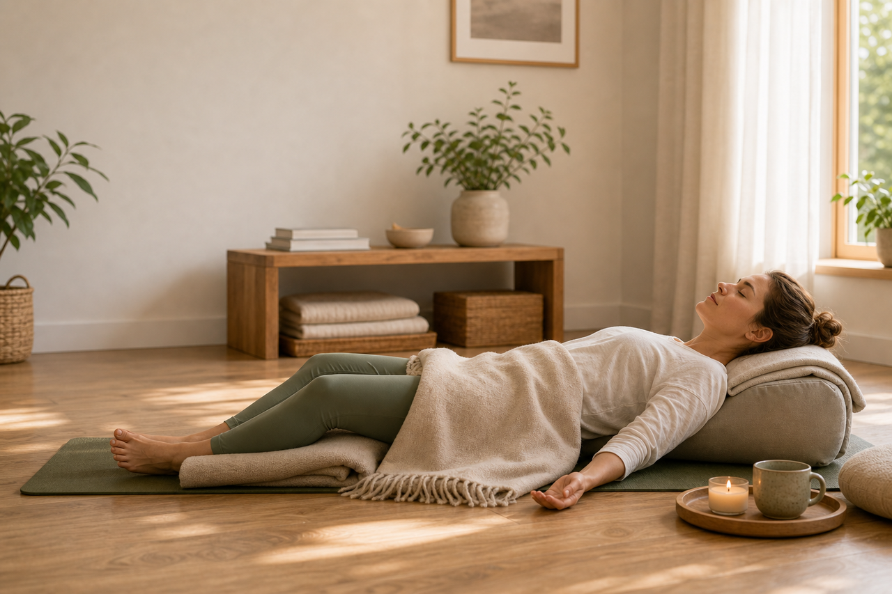 Gestützte liegende Ruhepose mit Decke als Hero für Tiefenentspannung Yoga zuhause.