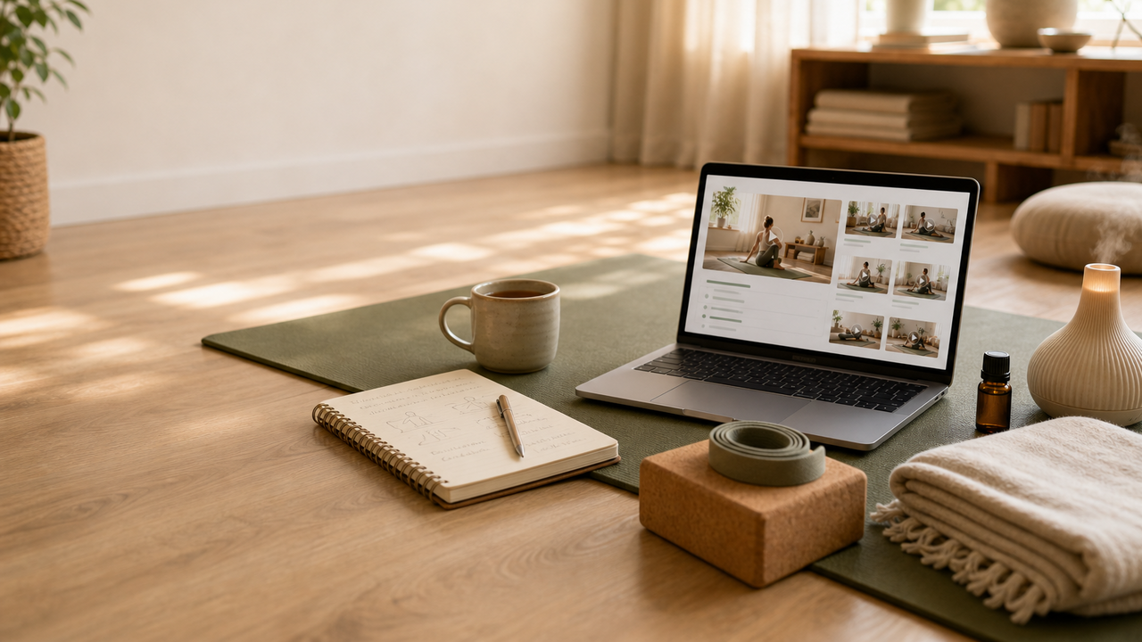 Ruhiger Kursüberblick zuhause mit Laptop, Notizbuch und Yogasetup für die Orientierung zum Yoga Präventionskurs.