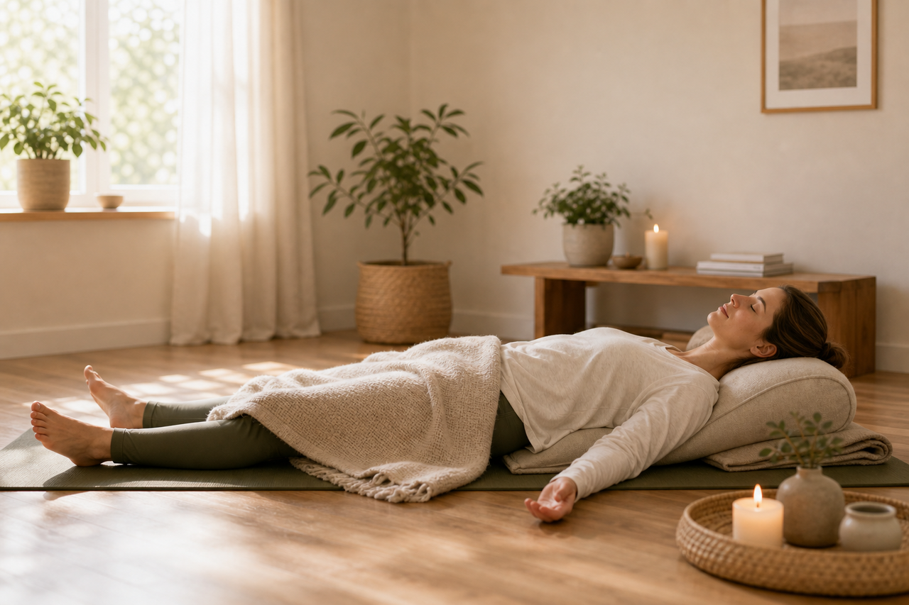Tiefe Ruhe in einer gestützten liegenden Pose als Hero für Yoga Nidra Entspannung zuhause.