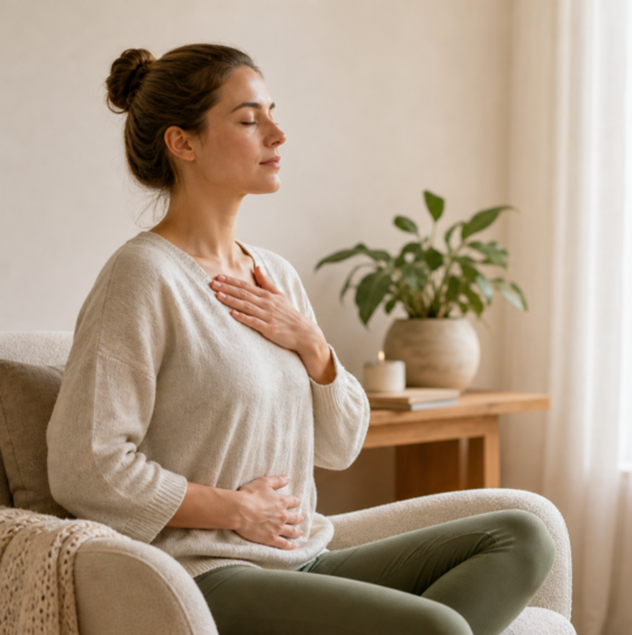 Ruhiger Atemmoment zuhause als sanfter, sicherer Einstieg in Yoga für Anfänger.