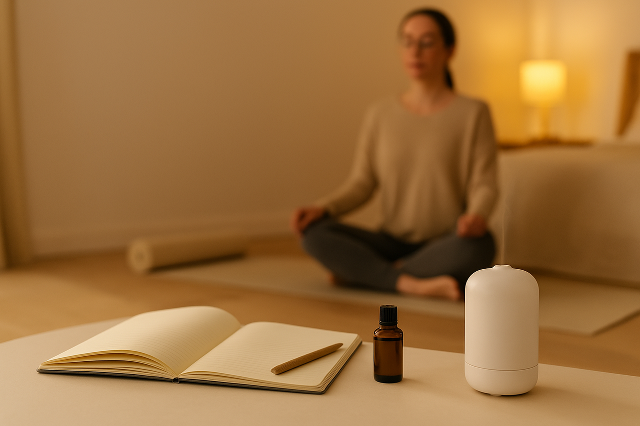 Textfreies Hero-Bild mit Abendroutine, Yoga, Notizbuch, Duftöl und Diffusor in ruhiger Wohnatmosphäre.