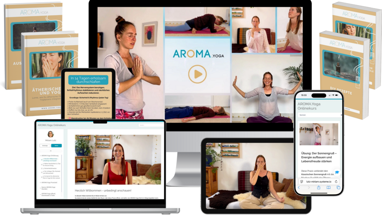 Kursmaterialien, Videos und mobile Kursansicht als Bild für die FAQ zum AROMA.yoga Onlinekurs.