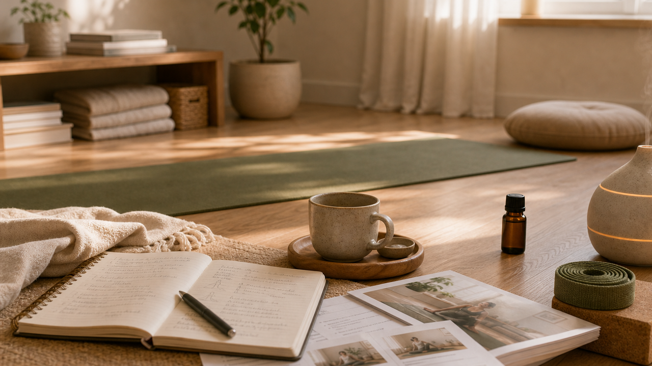 Offenes Notizbuch, Kursunterlagen, Tasse und ruhiges Zuhause-Setup als Bild für den Überblick über den AROMA.yoga Kurs.