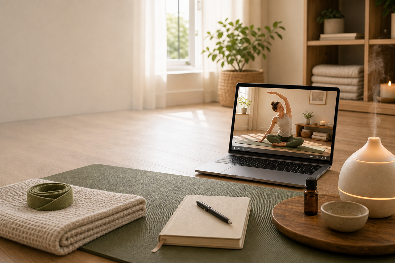 Laptop mit sanfter Yogaeinheit im ruhigen Zuhause-Setup als Hero für den Yoga Onlinekurs für Anfänger.