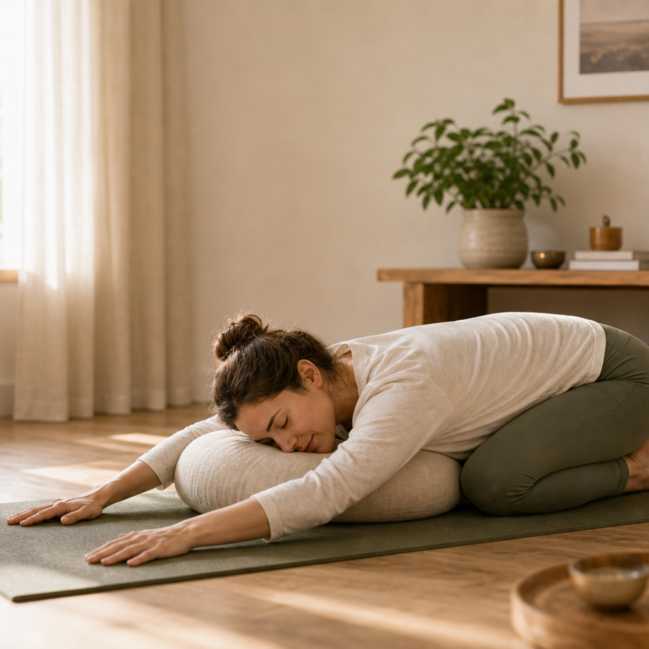 Sanfte Vorbeuge auf einem Kissen als ruhiges Hero-Motiv für Yoga Entspannung zuhause.