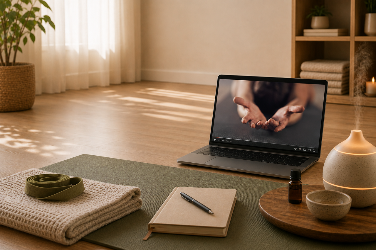 Ruhiger Überblick über Kursinhalte im Zuhause-Setup mit Laptop, Yogamatte und Diffuser.