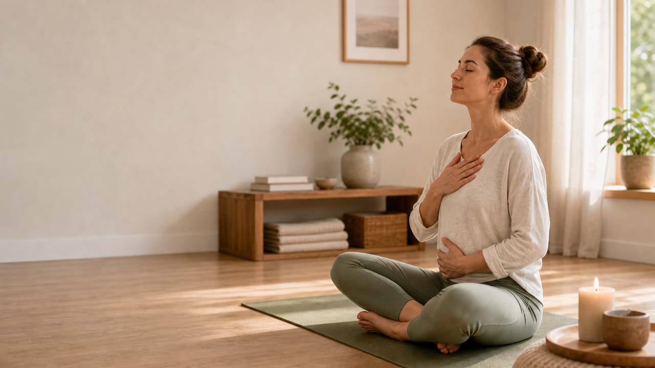 Ruhiger Atemmoment im Sitzen als Hero für Yoga bei Stress und Unruhe.