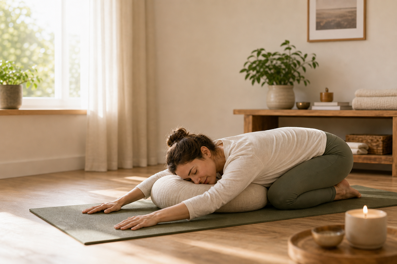 Sanfte Vorbeuge auf einem Kissen als ruhiges Hero-Motiv für Yoga Entspannung zuhause.