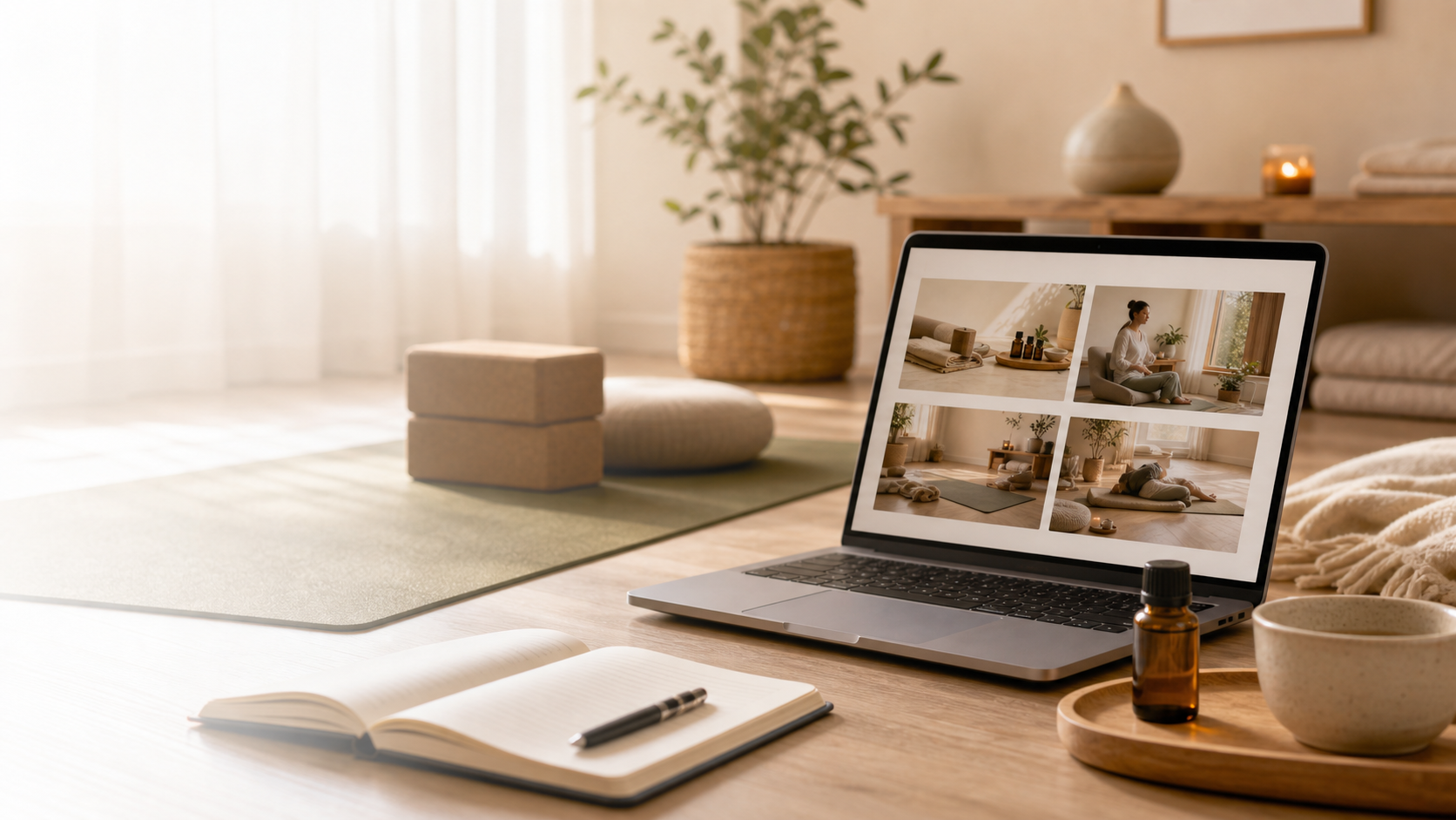 Laptop, Notizbuch und ruhige Praxisumgebung als Hero für den AROMA.yoga Onlinekurs zuhause.