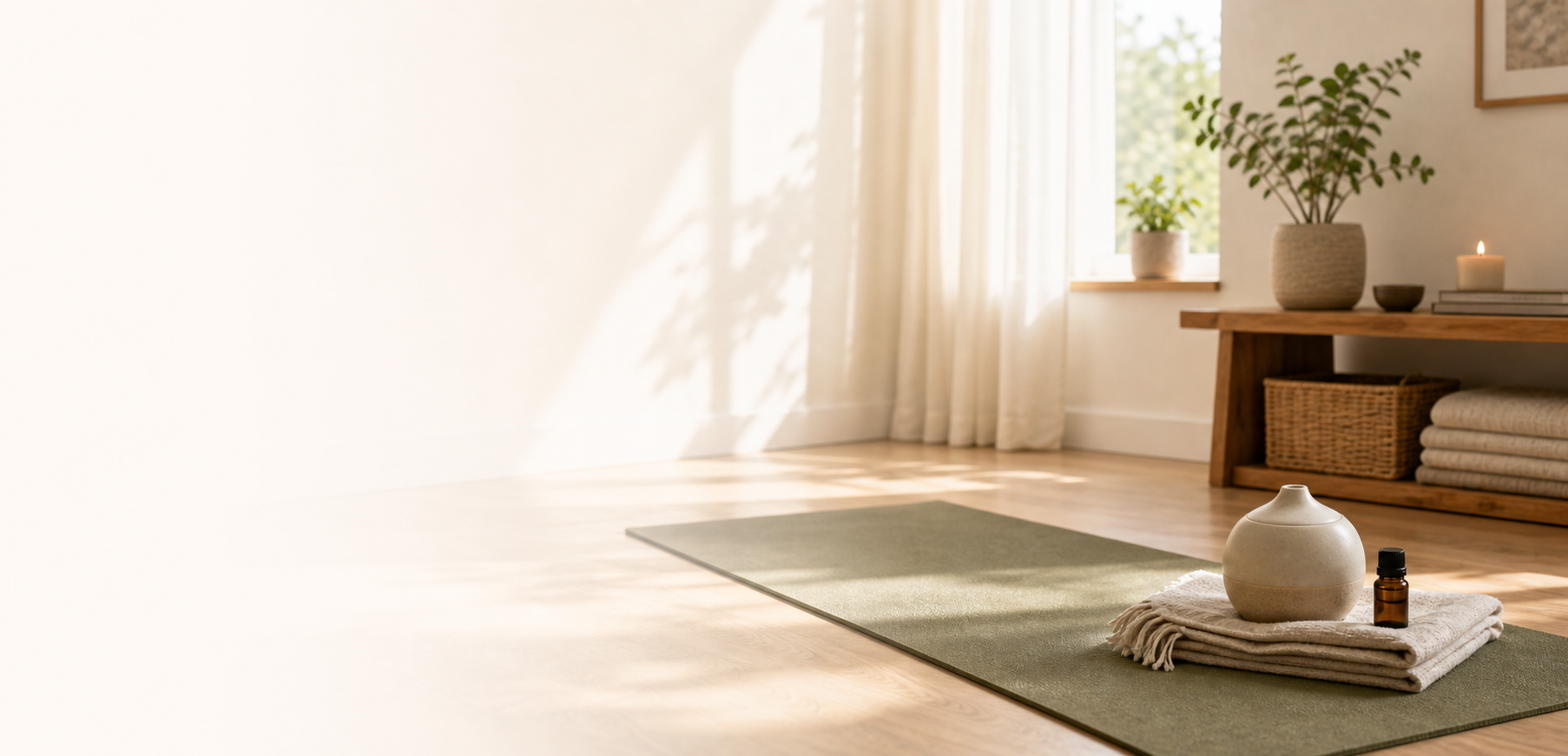 Ruhige AROMA.yoga Szene zuhause mit Matte, Diffuser und ätherischem Öl.