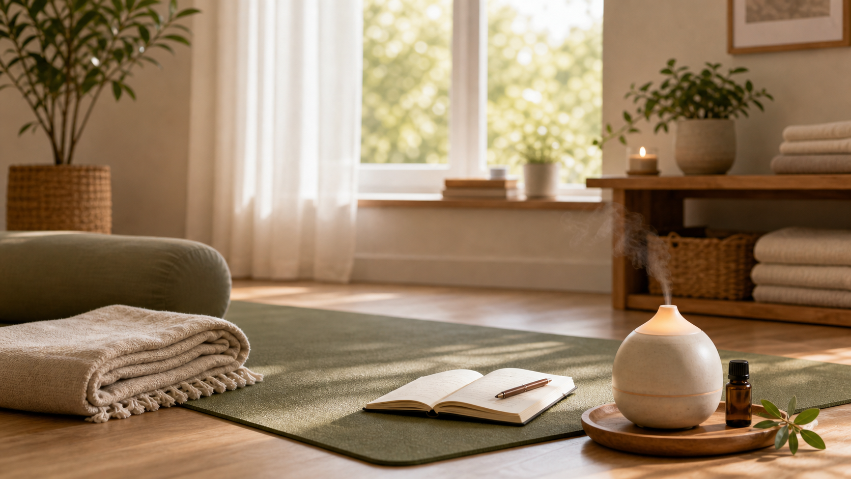 Ruhiges Setup mit Matte, Notizbuch und Diffuser als Bild für den AROMA.yoga Ansatz.