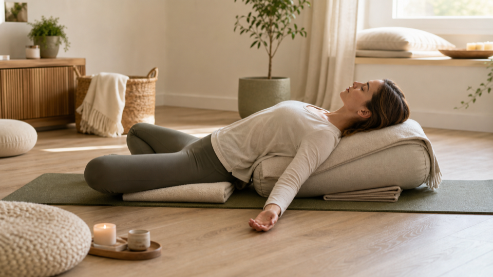 Restorative Yoga-Pose mit offenem Brustraum und freier Atmung in ruhiger Wohnatmosphäre.