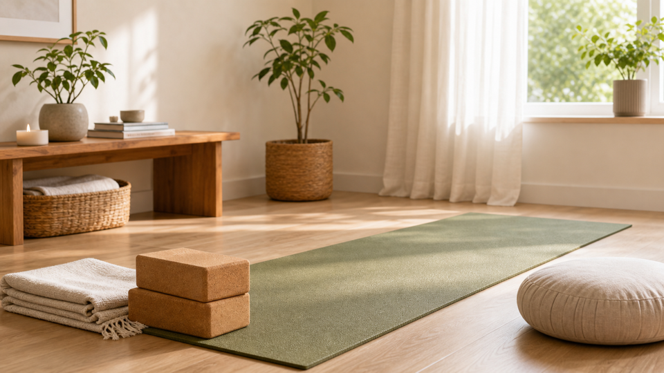 Matte, Blöcke, Decke und Kissen als ruhiges Yoga-Setup für Anfänger zuhause.