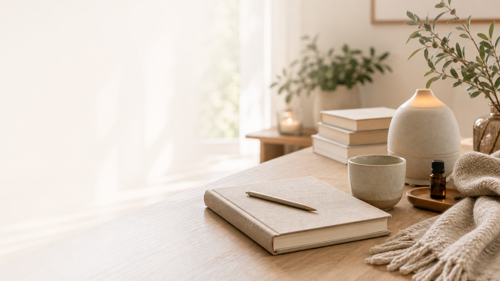 Journal, Bücher, Tasse und Diffuser als ruhiges Bild für häufige Fragen rund um den AROMA.yoga Kurs.