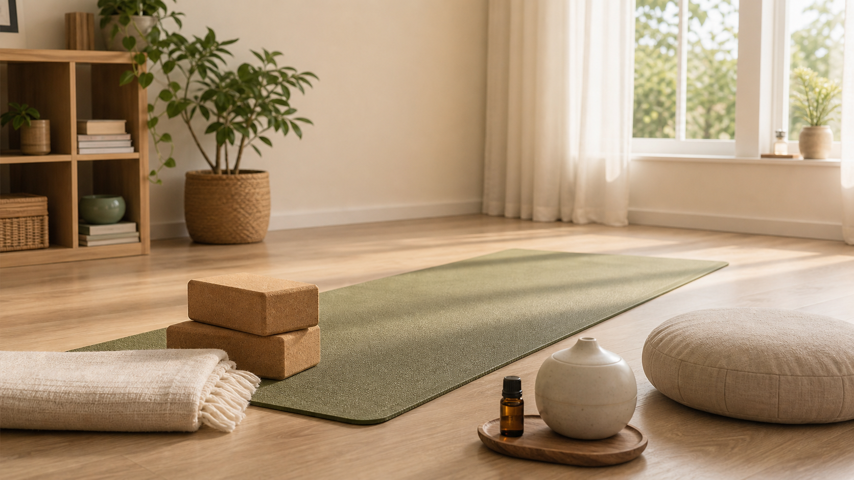 Ruhiger mobiler Hero für Yoga für Anfänger in warmer Wohnatmosphäre als kompakter Einstieg auf kleinen Screens.