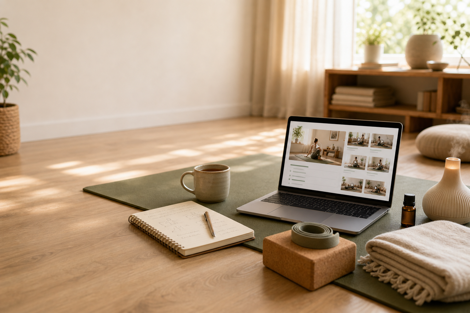 Ruhiger Kursüberblick zuhause mit Laptop, Notizbuch und Yogasetup für die Orientierung zum Yoga Präventionskurs.