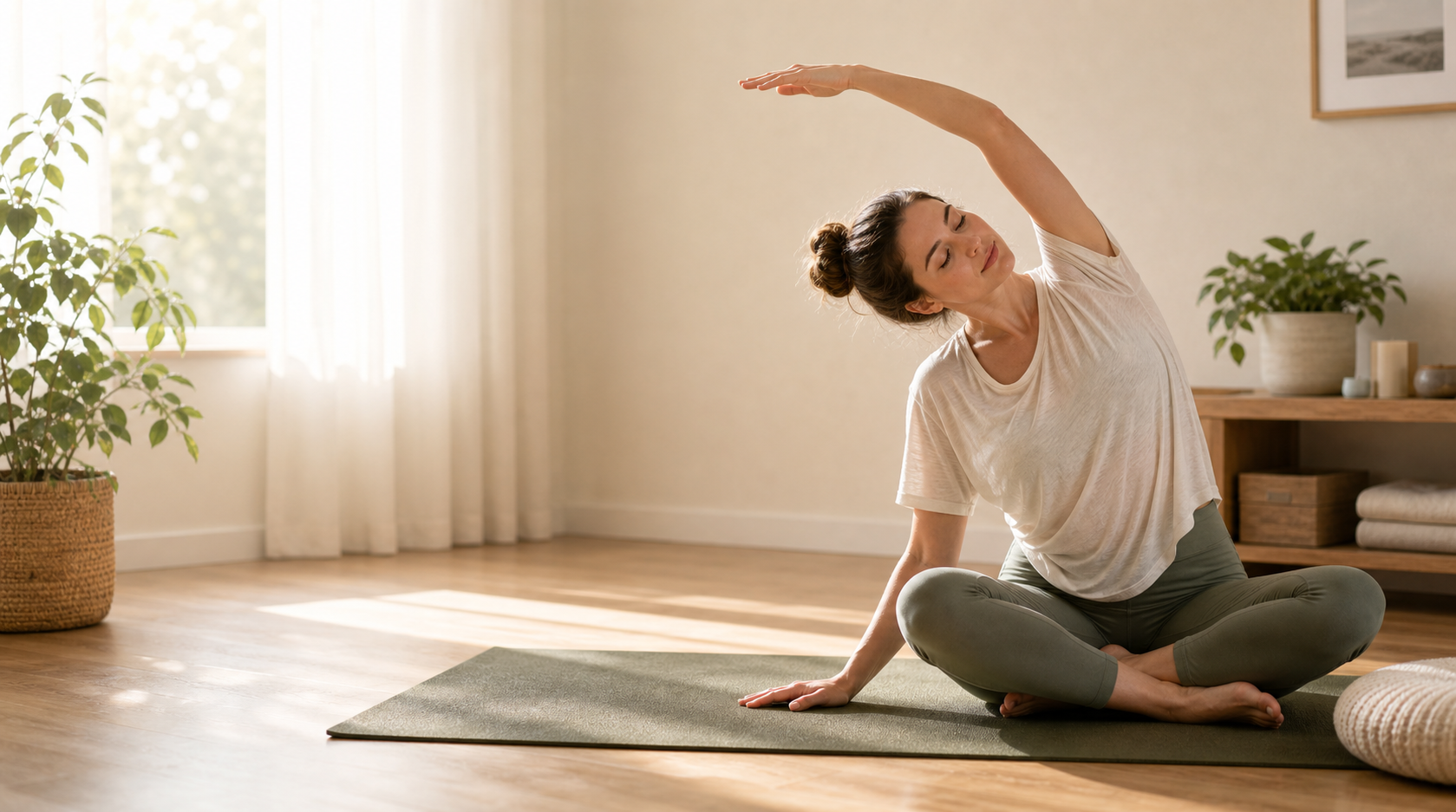 Einfache seitliche Dehnung in heller Wohnatmosphäre als ruhiger Einstieg in Yoga-Übungen für Anfänger.