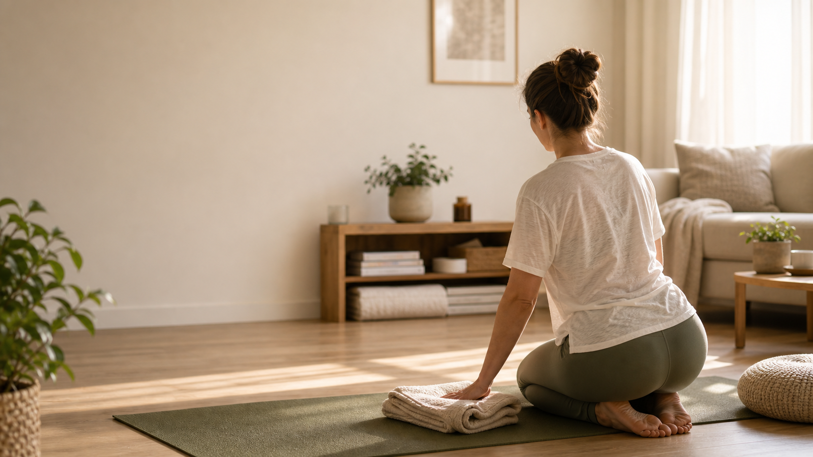 Ruhiger Home-Practice-Moment mit Person von hinten in heller Wohnatmosphäre als Einstieg in Yoga zuhause für Anfänger.